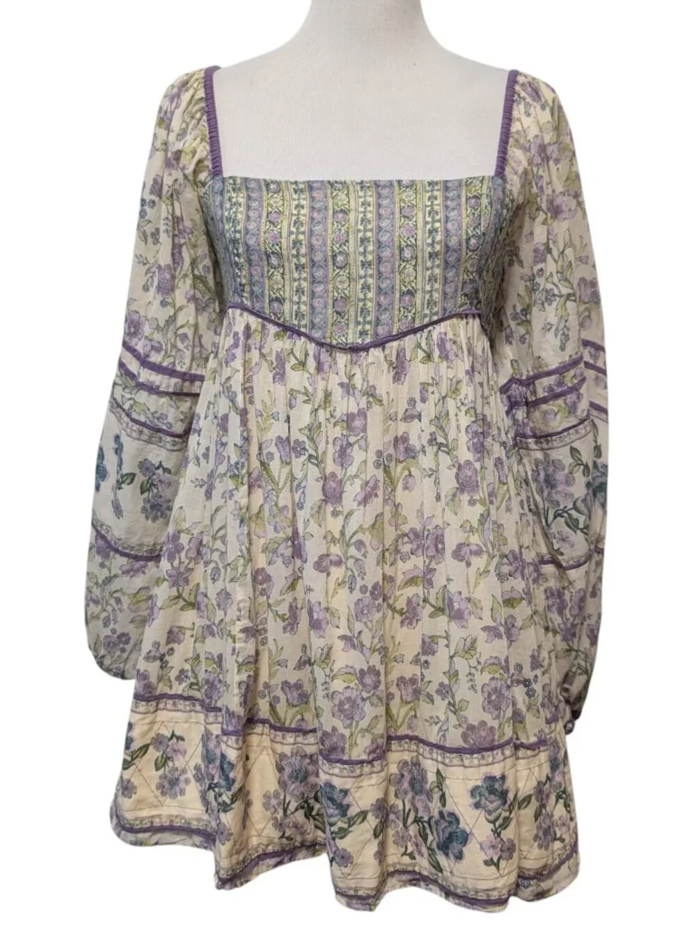 Free People Womens Sz S Endless Afternoon Purple Floral Puff Sleeves Mini Dress